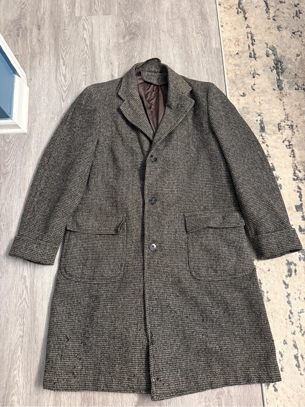 Vintage Clothes Harris Tweed Gray Wool Balmacaan Overcoat 44R Classic Trench Coa